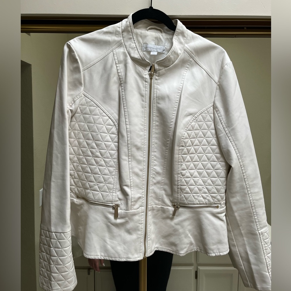White peplum faux leather Moto jacket. L.